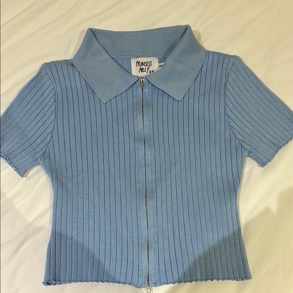 Princess Polly Blue Ribbed Zipper Top